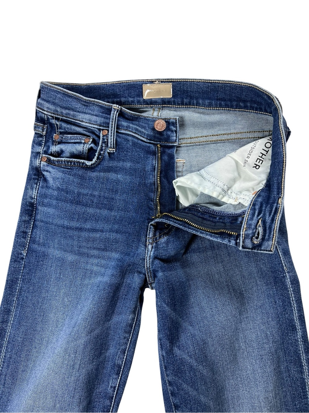 MOTHER The Outsider Sneak Blue Denim Mid-Rise Flare Jeans Size 26 EUC - Picture 10 of 14